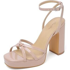 Sun Gurg Womens Size 8.5 Tan Open Toe 4.5" Block Heel Ankle Strap Sandal Shoes